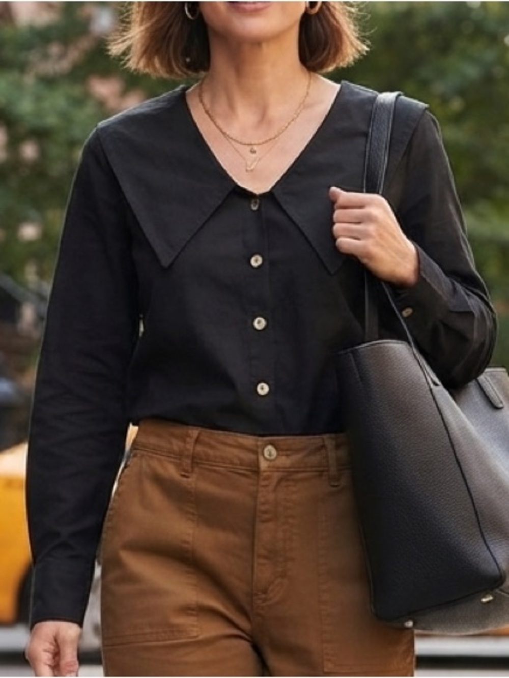 Black Cotton Linen Button Down Shirt Oversized PeterPan Sailor Collar L  Modest
